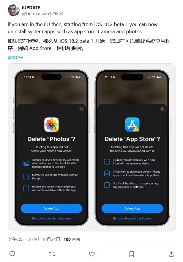 且末苹果手机维修分享iOS 18.2 支持删除 App Store 应用商店 